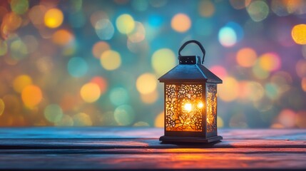 Vintage ornamental lantern emitting a soft golden light on wooden surface