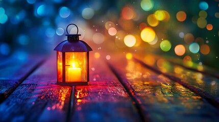Glowing lantern on weathered wood with bokeh lights creating a festive ambiance