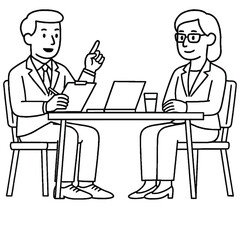 A man and a woman sit at a table, engaged in a business meeting, using a laptop and discussing ideas, showcasing effective teamwork and communication.