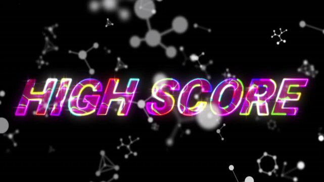 Glowing orb entering frame linking nodes pulling letters glitching into HIGH SCORE text for game ad