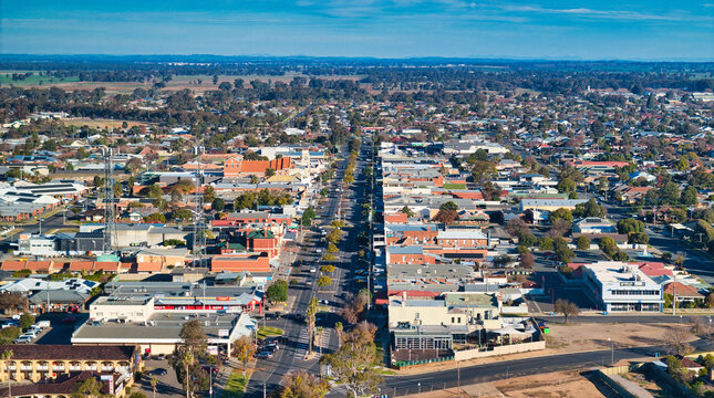 Central business district of Yarrawonga from above on clear day