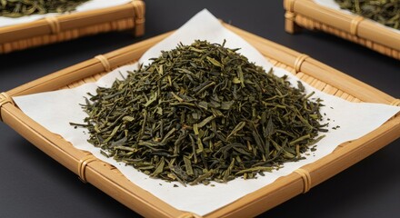 Fototapeta premium Rustic Bamboo Tray of Dried Green Tea Leaves Purity, Tradition, and Essence