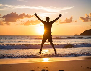 Fototapeta premium 해변에서 기쁨에 점프하는 남성 Man Jumping with Joy on the Beach