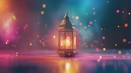 Ethereal Moroccan lantern glowing with warm light amidst festive bokeh effects