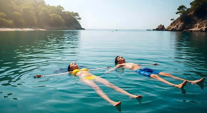 Young Couple Floating Relaxing in Turquoise Ocean Water at Sunny Coastal Beach - Powered by Adobe