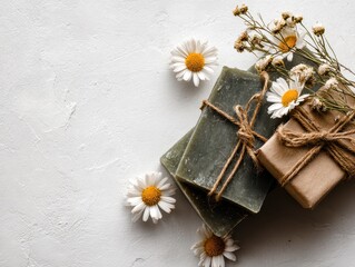 Minimalist Styling with Olive Soap, Twine, and Daisies on Background