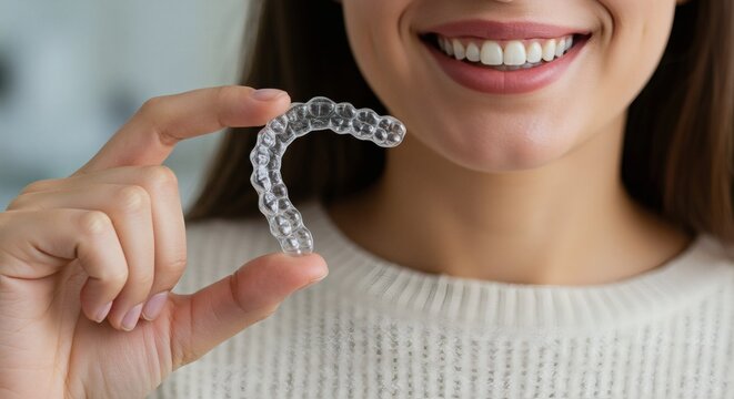 Radiant Smile Woman Shows Clear Dental Aligner