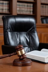 Legal authority and knowledge symbolized by wooden gavel on desk with open book