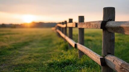 Rustic wooden fence at sunrise in tranquil field
