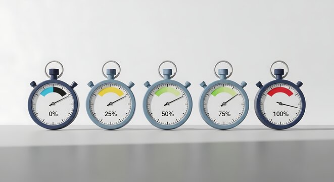 Five stopwatches showing progress from 0% to 100%, illustrating completion stages in blue, yellow, green, and red colors.