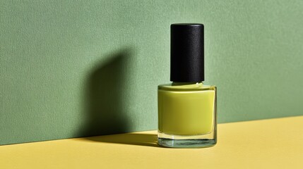 Vibrant nail polish bottle on green and yellow background for beauty and fashion design