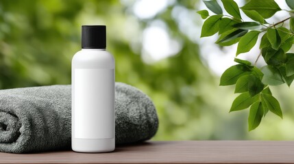 Minimalist bottle design with white label and cap in nature setting for product branding