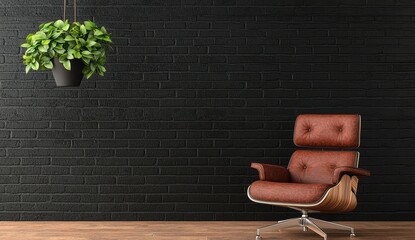 Modern Industrial Office Interior Featuring Cozy Armchair and Stylish Greenery Against Black Brick Wall for Inspired Workspaces