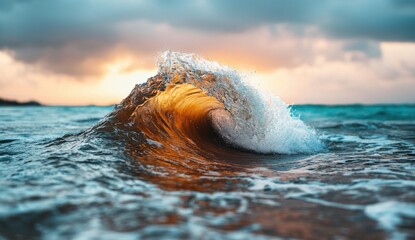 Stunning Wave Crashing Against Urban Landscape at Sunset, Showcasing Nature's Beauty and City Dynamics in a Vibrant Scene