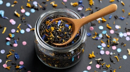 Colorful loose black tea in glass jar with wooden spoon on a dark surface