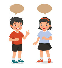 Little children talking to each other having conversation with speech bubbles