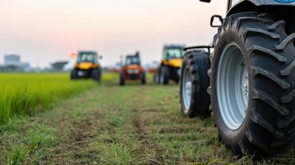 Tractors on a field at sunset with close-up of tire for agricultural and rural themes