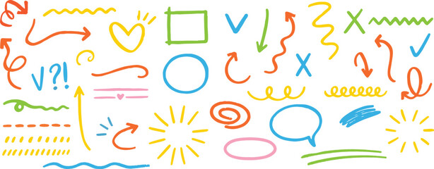 Hand-drawn style elements including arrows, underlines, marks, and decorative doodles. Perfect for presentations, journaling, teaching materials, and creative content design.