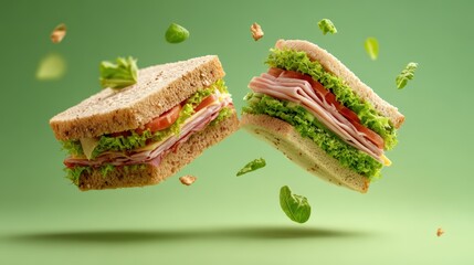 Levitating sandwiches with fresh lettuce on light background for food design