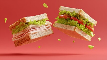 Levitating sandwiches with fresh lettuce and tomatoes on red background for food design