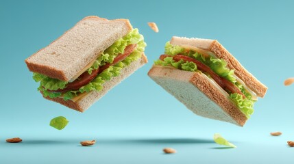 Two levitating sandwiches with salad leaves on light blue background for modern food design