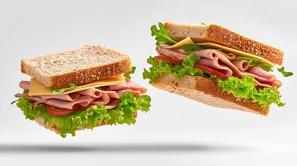 Two levitating sandwiches with lettuce on light background for culinary design inspiration