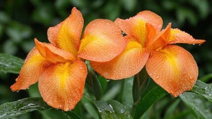 Stunning Orange Irises Blooming in Lush Garden After Refreshing Rain Showers