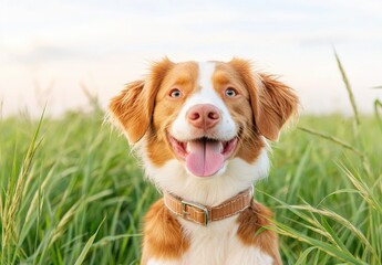 Portrait of a Happy Australian Shepherd Dog Surrounded by Lush Green Grass in a Bright Outdoor Setting