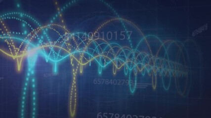 Particles moving inward, converging into cyan amber waveforms scrolling numbers for analytics