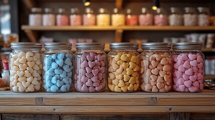 Colorful heart-shaped candies in glass jars on wooden counter, candy shop background