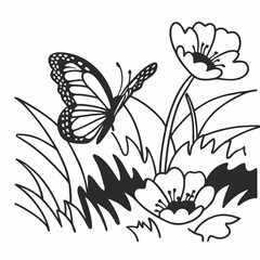 A butterfly and flowers in a garden, isolated on white background