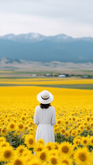 Woman in white dress and hat standing in vibrant sunflower field, facing mountains, peaceful and serene landscape