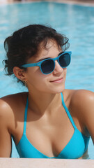 Smiling woman in blue sunglasses and bikini relaxing in outdoor swimming pool on summer vacation