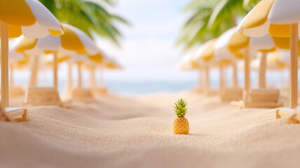 Pineapple on sandy beach with yellow umbrellas, tropical palm trees, summer vacation, relaxing and cheerful mood