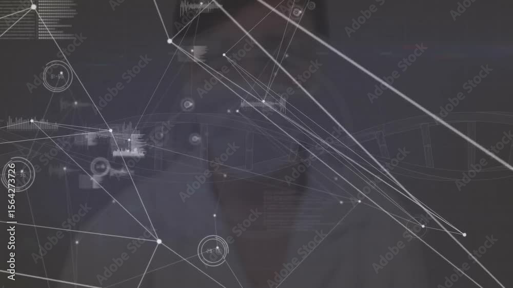 Aufkleber man standing behind digital network tapping node displaying 52
