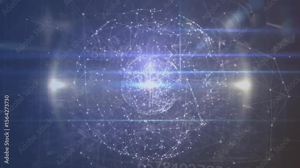 Poster cluster appearing at center initiating sphere forming rotating pulsing data cycling visualization