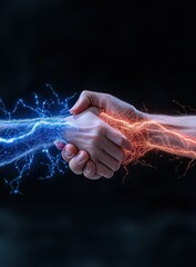 Digital Hands Shaking with Electric Connections and Glowing Energy Representing Cooperation and Unity in the Modern World