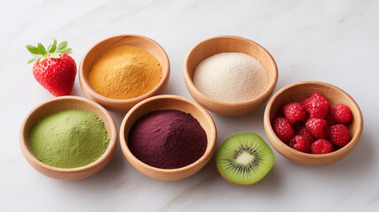 Colorful fruit powders and fresh berries in wooden bowls, vibrant green, yellow, purple powders, strawberry, kiwi, raspberry on marble surface
