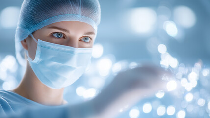 Focused female medical professional in mask working in sterile laboratory with blue healthcare setting