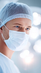 Close up of male surgeon wearing surgical mask, cap, and gown in operating room, focused and professional expression
