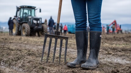 Outdoor farming scene with person in black rain boots and blue jeans with pitchfork