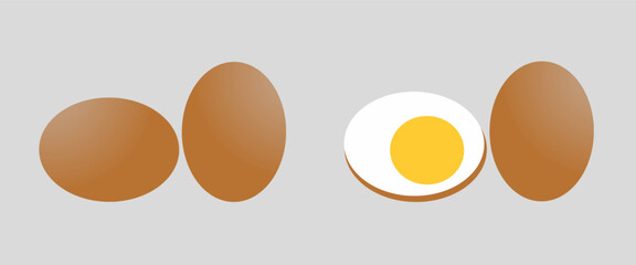Realistic vector illustration of brown chicken eggs, including whole eggs and boiled cut with yolk. Egg Set, Closeup, Isolated. Perfect for food, cooking, health, and education themes.
