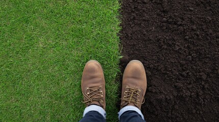 Exploring contrasts: boots on grass and soil from a top view perspective