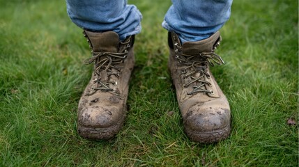 Close up of mud-covered boots on grass after outdoor adventure