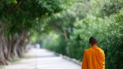 Young monk walking on peaceful tree lined path wearing bright orange robe, surrounded by lush green foliage in serene outdoor setting