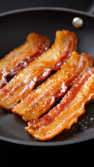 Crispy cooked bacon strips frying in black pan with glistening oil, showing golden brown texture and savory appeal