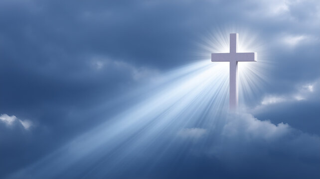 Radiant cross shining through dark clouds with beams of light, symbolizing hope and faith in dramatic sky scene