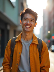 Happy Asian Man Smiling in City Street