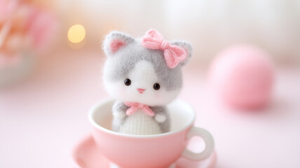 Cute gray and white felt cat doll with pink bow sitting inside pink teacup, soft pastel background creating warm and cozy feeling