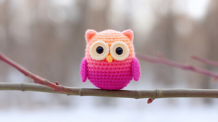 Crocheted owl toy in pink and orange colors sitting on tree branch with soft blurred background creating charming and cozy atmosphere